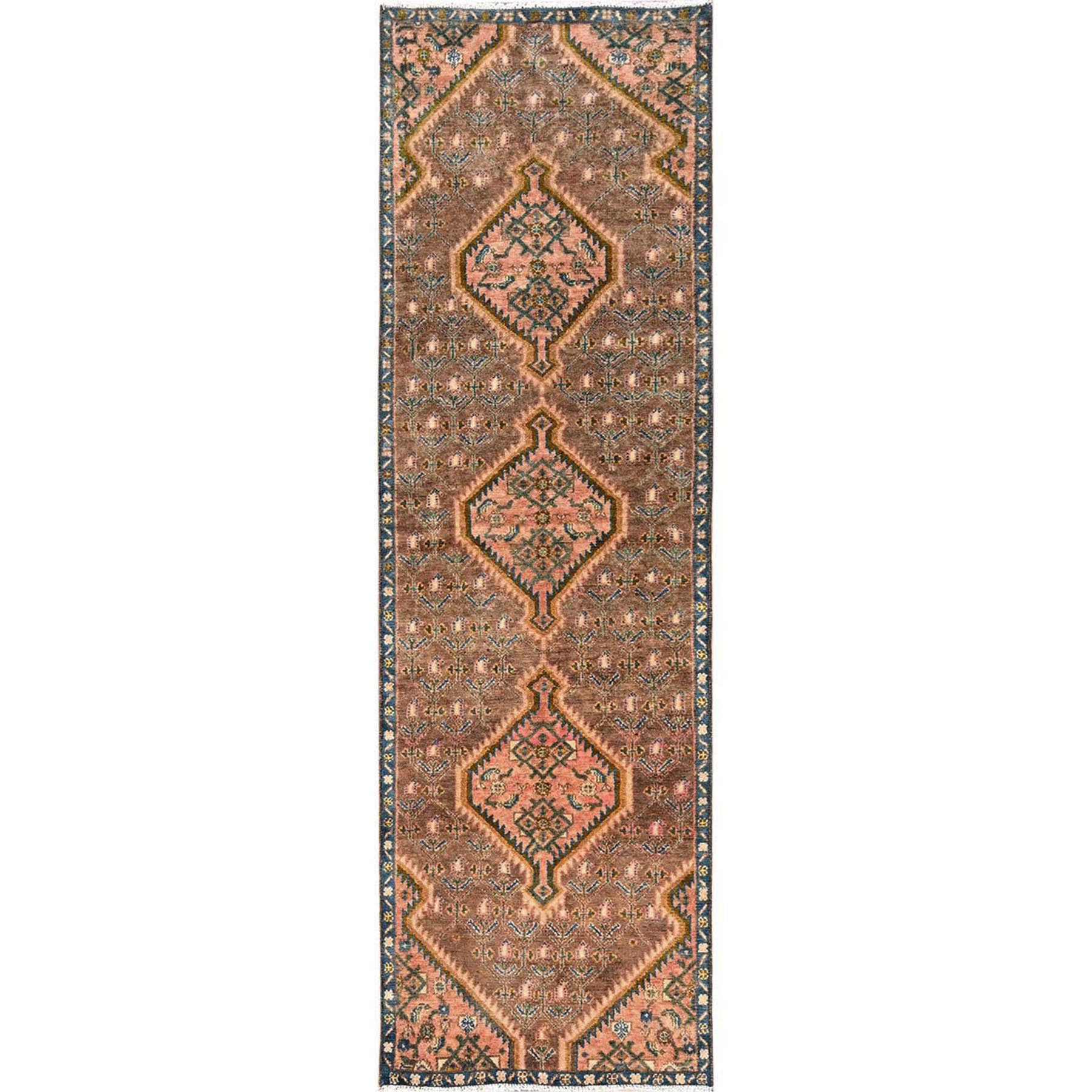 2'9"x9'5" Fenugreek Brown, Vintage Persian Hamadan with Anchored Medallions, Cropped Thin, Even Wear, Zero Pile, Clean, Hand Knotted, 100% Wool, Runner, Oriental Rug 